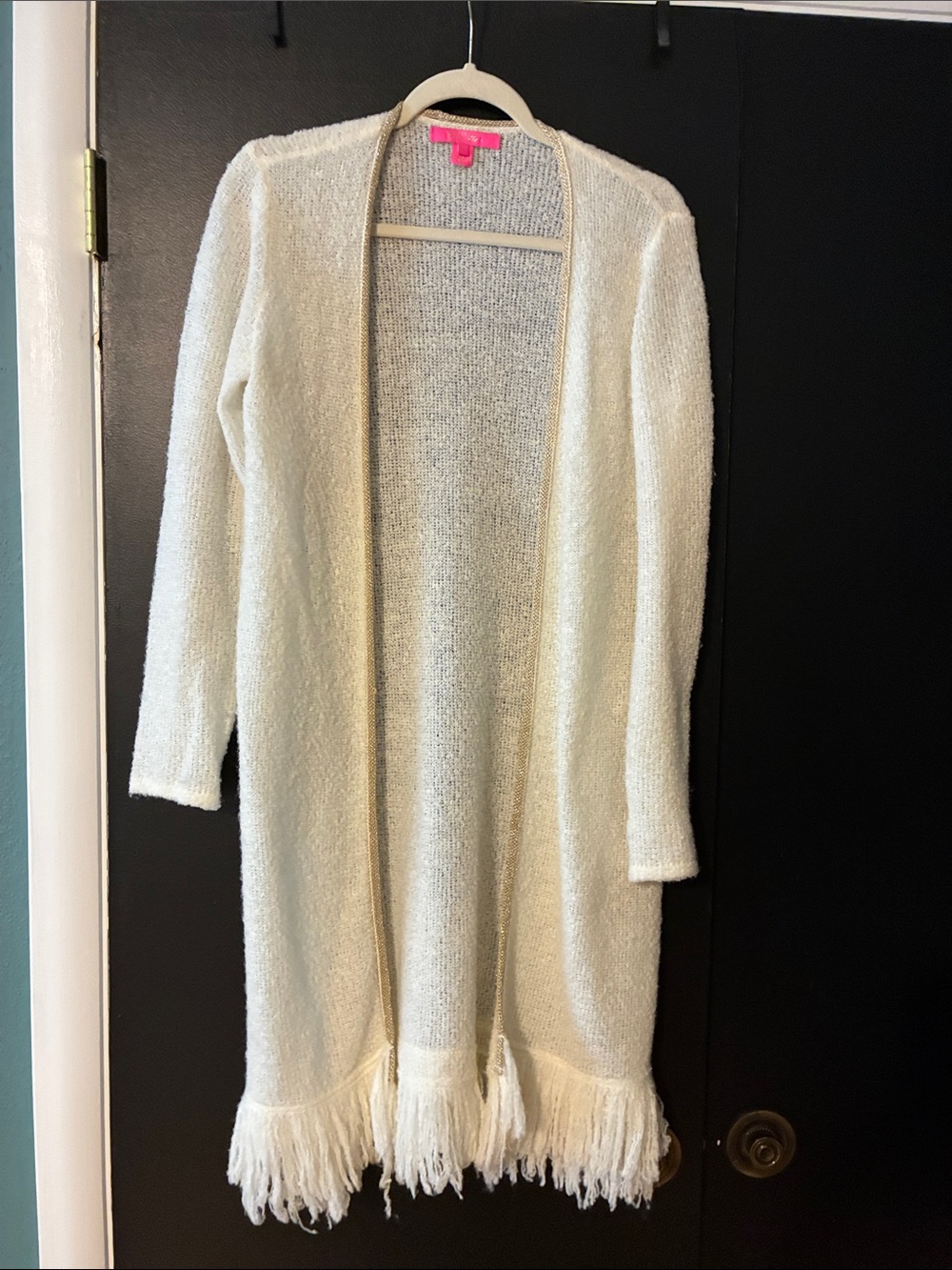 Lilly Pulitzer Cream Fringe Open-Front Knit Cardigan